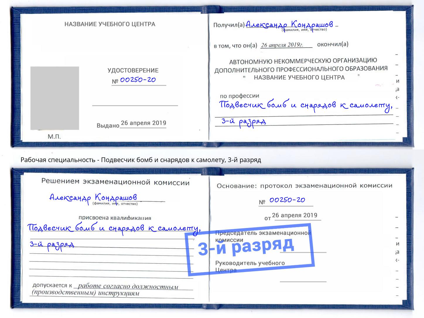 корочка 3-й разряд Подвесчик бомб и снарядов к самолету Донской