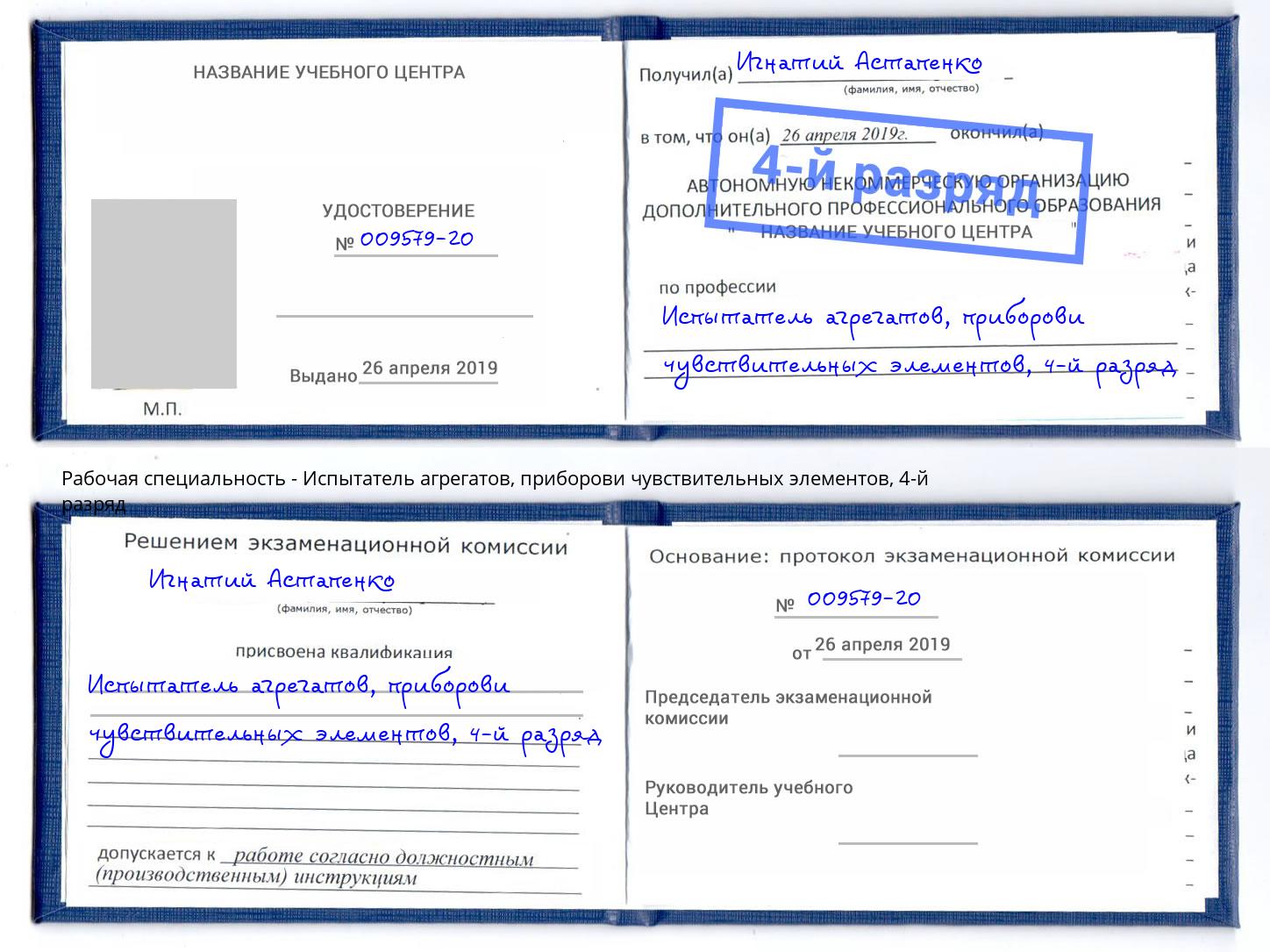 корочка 4-й разряд Испытатель агрегатов, приборови чувствительных элементов Донской
