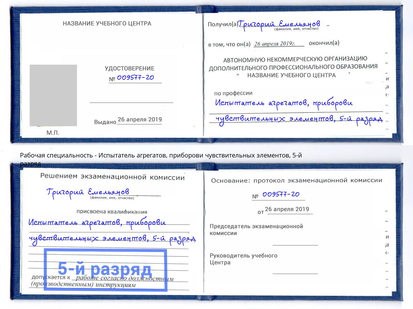 корочка 5-й разряд Испытатель агрегатов, приборови чувствительных элементов Донской