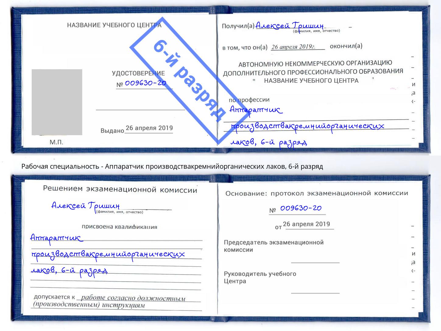 корочка 6-й разряд Аппаратчик производствакремнийорганических лаков Донской