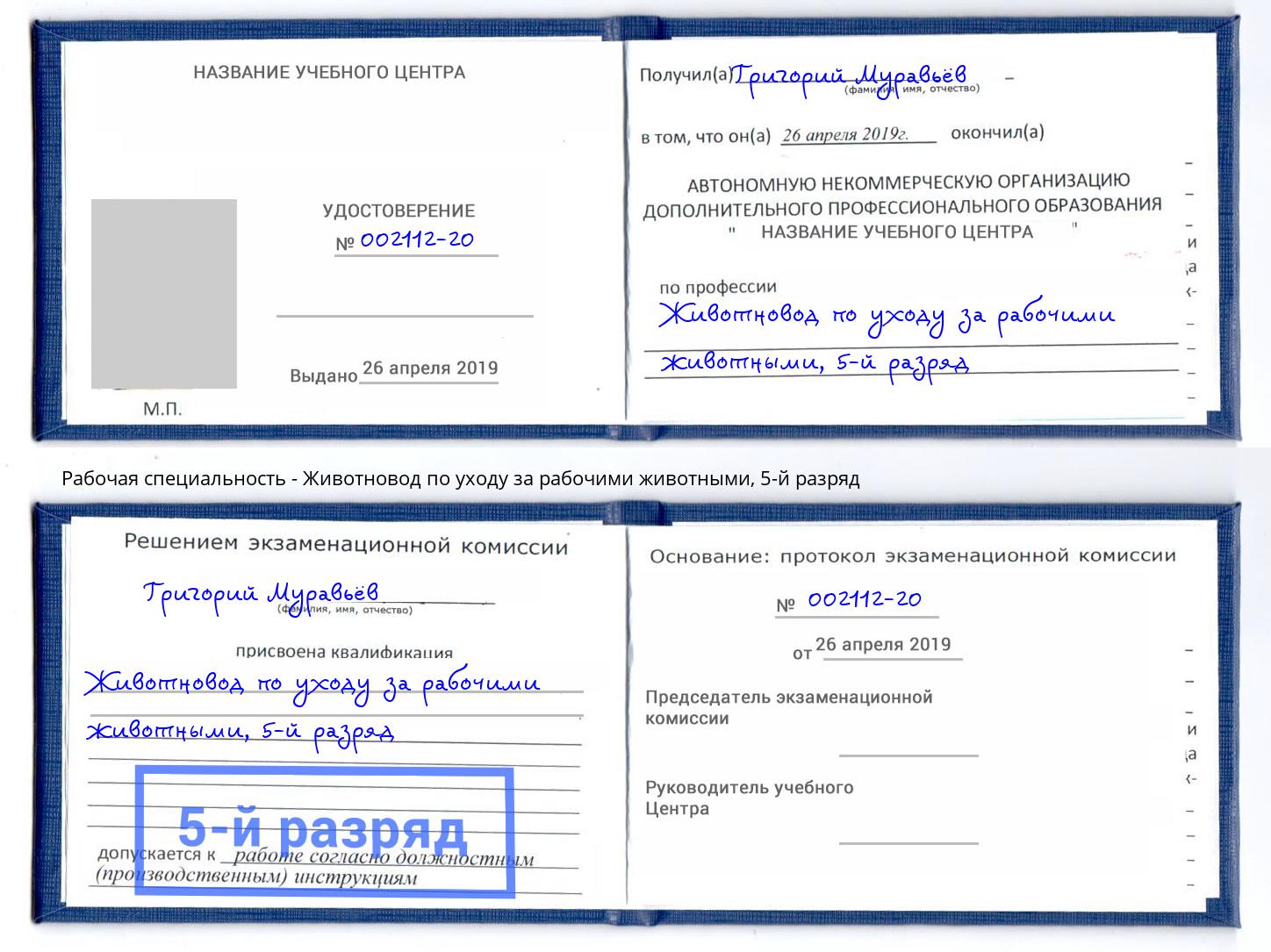 корочка 5-й разряд Животновод по уходу за рабочими животными Донской