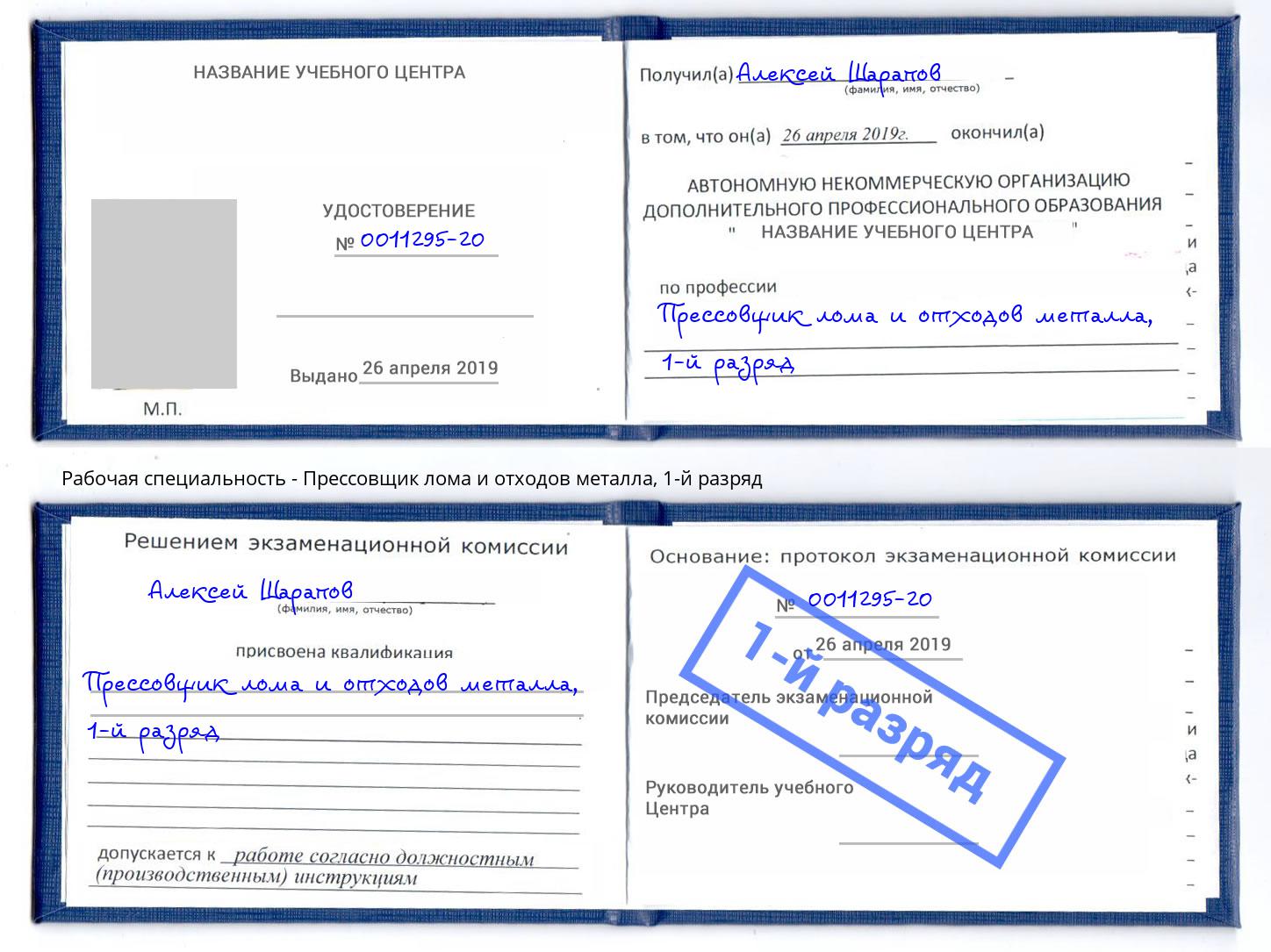 корочка 1-й разряд Прессовщик лома и отходов металла Донской